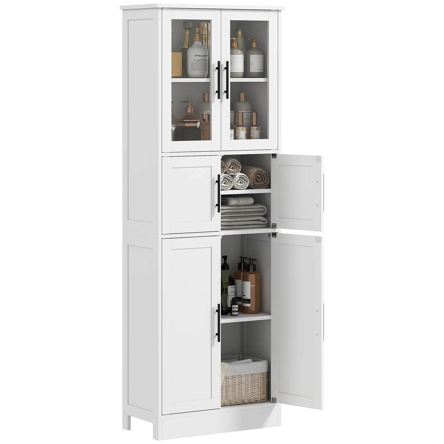 67" Tall Bathroom Storage Cabinet, Glass Doors, Adjustable Shelves, White Bathroom Cabinets White at Gallery Canada
