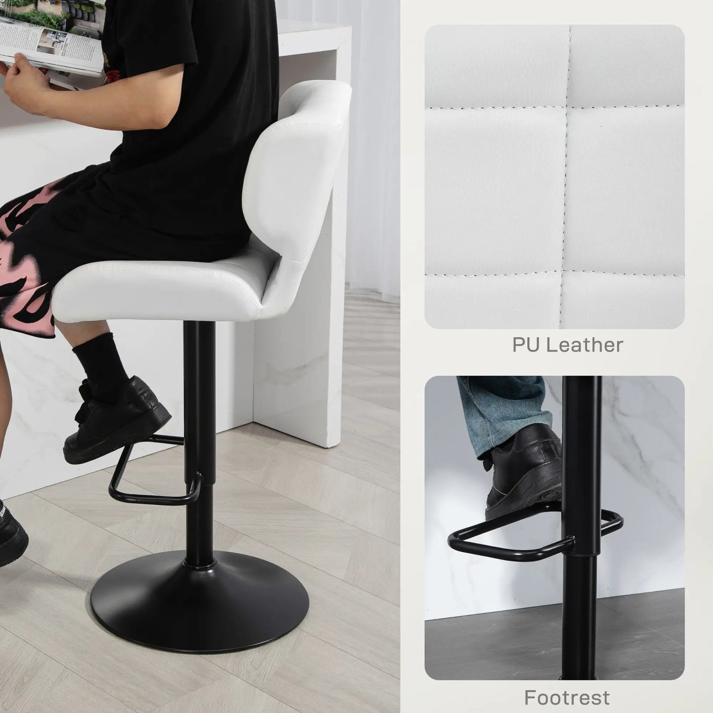 Swivel PU Leather Barstools, Set of 2, Adjustable with Footrest, White Bar Stools at Gallery Canada