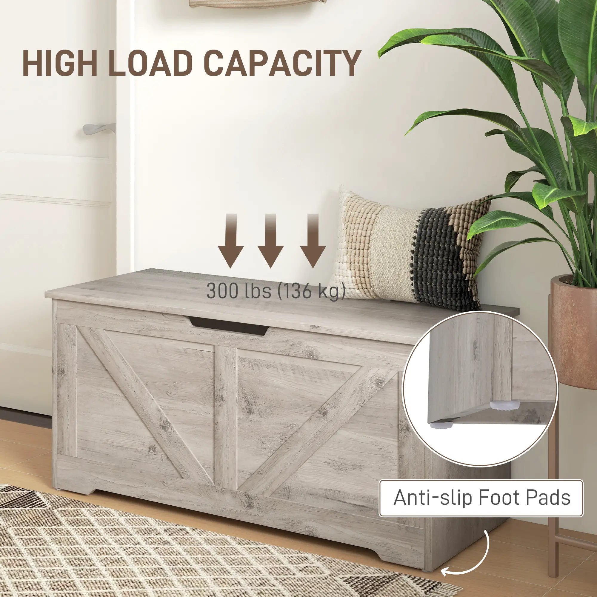 39.4 Inches Storage Chest, Wooden Box with Safety Hinges, Wood Grain, Grey Storage Cabinets at Gallery Canada