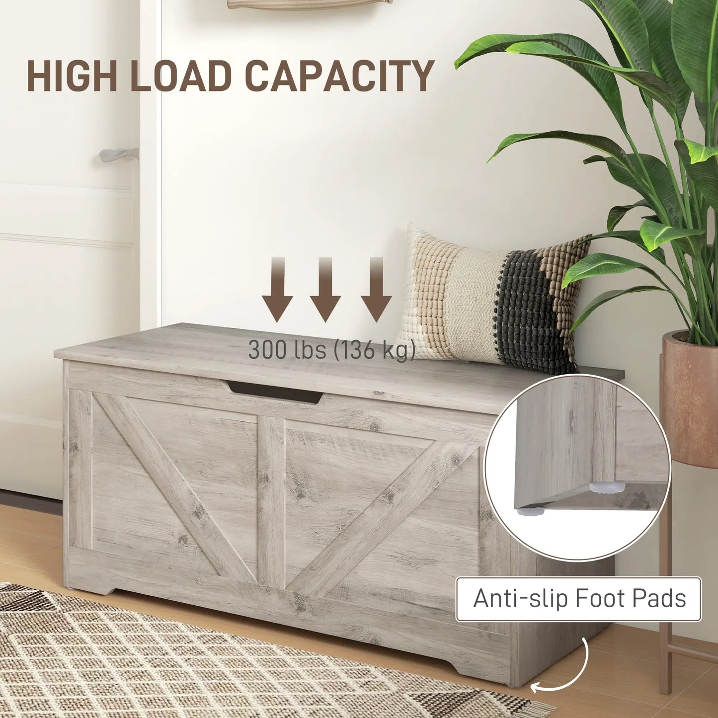 39.4 Inches Storage Chest, Wooden Box with Safety Hinges, Wood Grain, Grey Storage Cabinets at Gallery Canada