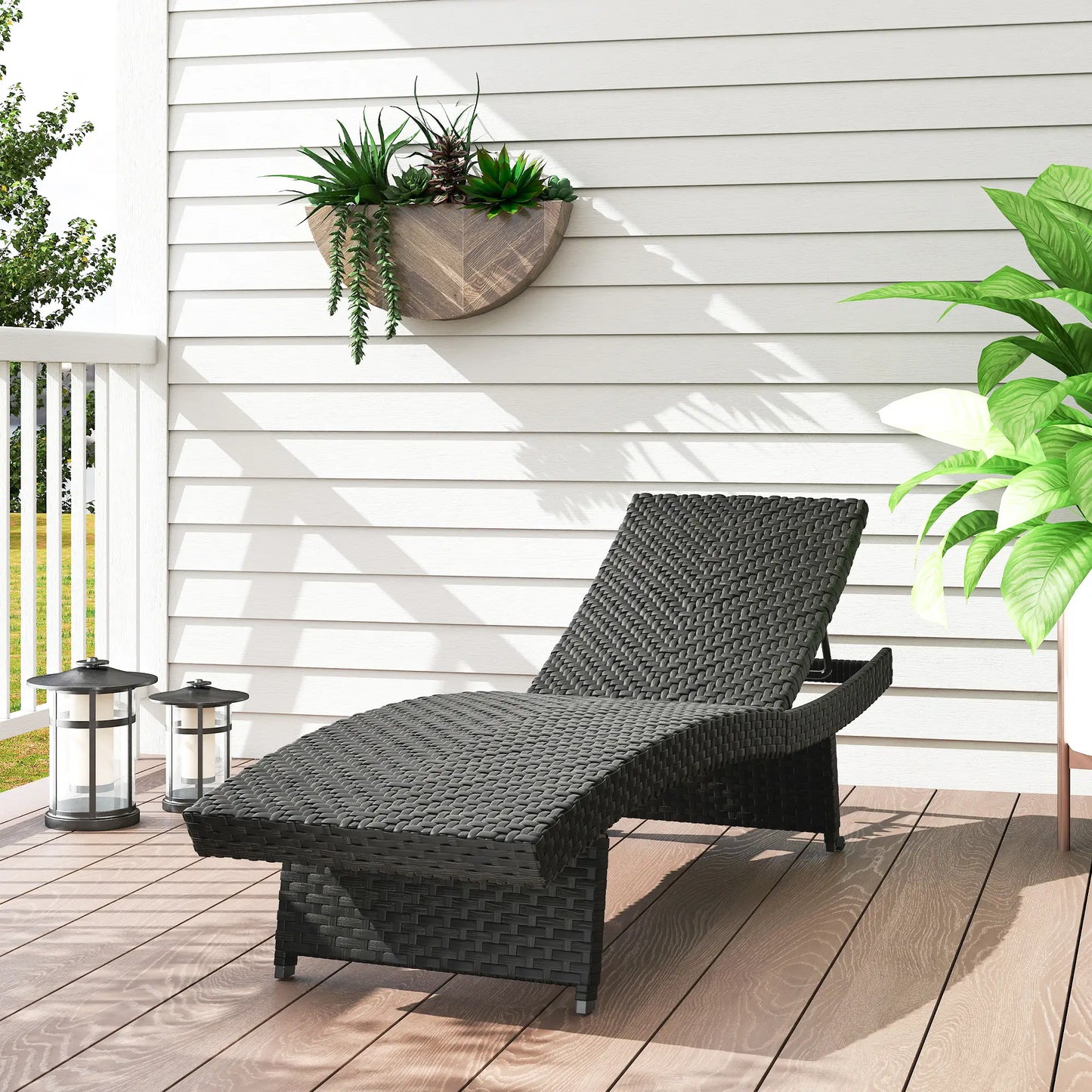 Folding Wicker Outdoor Chaise Lounge, 4-Level Adjustable Backrest, Black Wicker Chaise Loungers at Gallery Canada