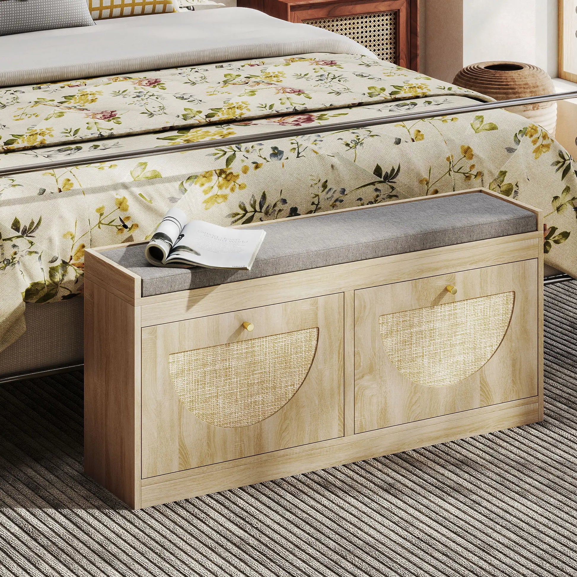 Shoe Bench with Flip Doors, Seat Cushion, Adjustable Shelves, Natural Wood Shoe Storage Cabinets & Racks at Gallery Canada