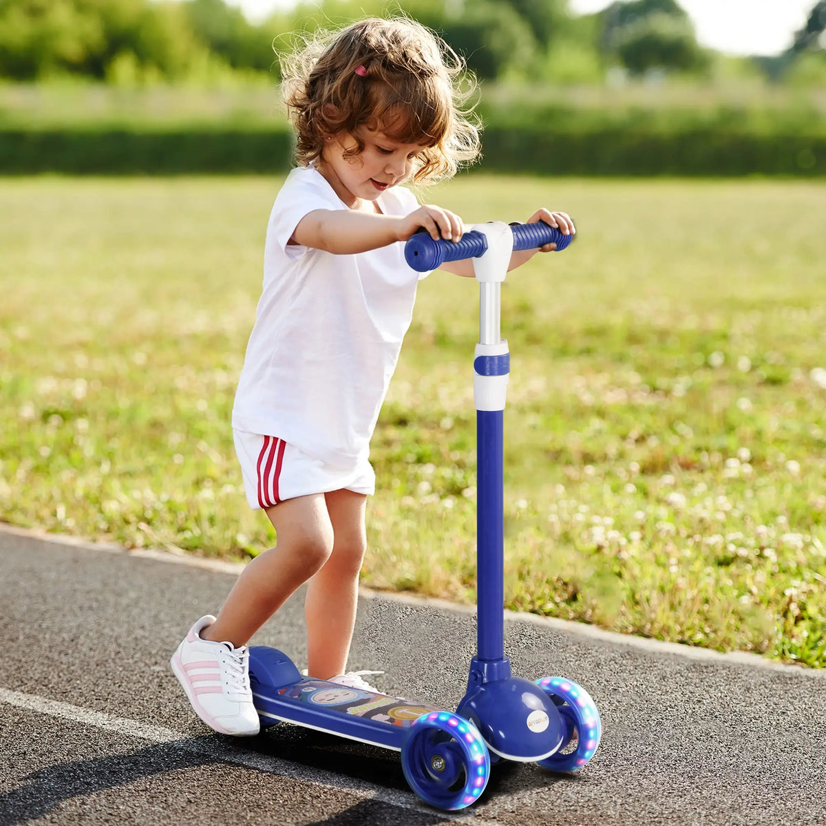Trottinette pour enfants à 3 roues, hauteur ajustable, frein à arrière, lumière LED, guidon en TPE, bleu