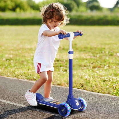 Trottinette pour enfants à 3 roues, hauteur ajustable, frein à arrière, lumière LED, guidon en TPE, bleu