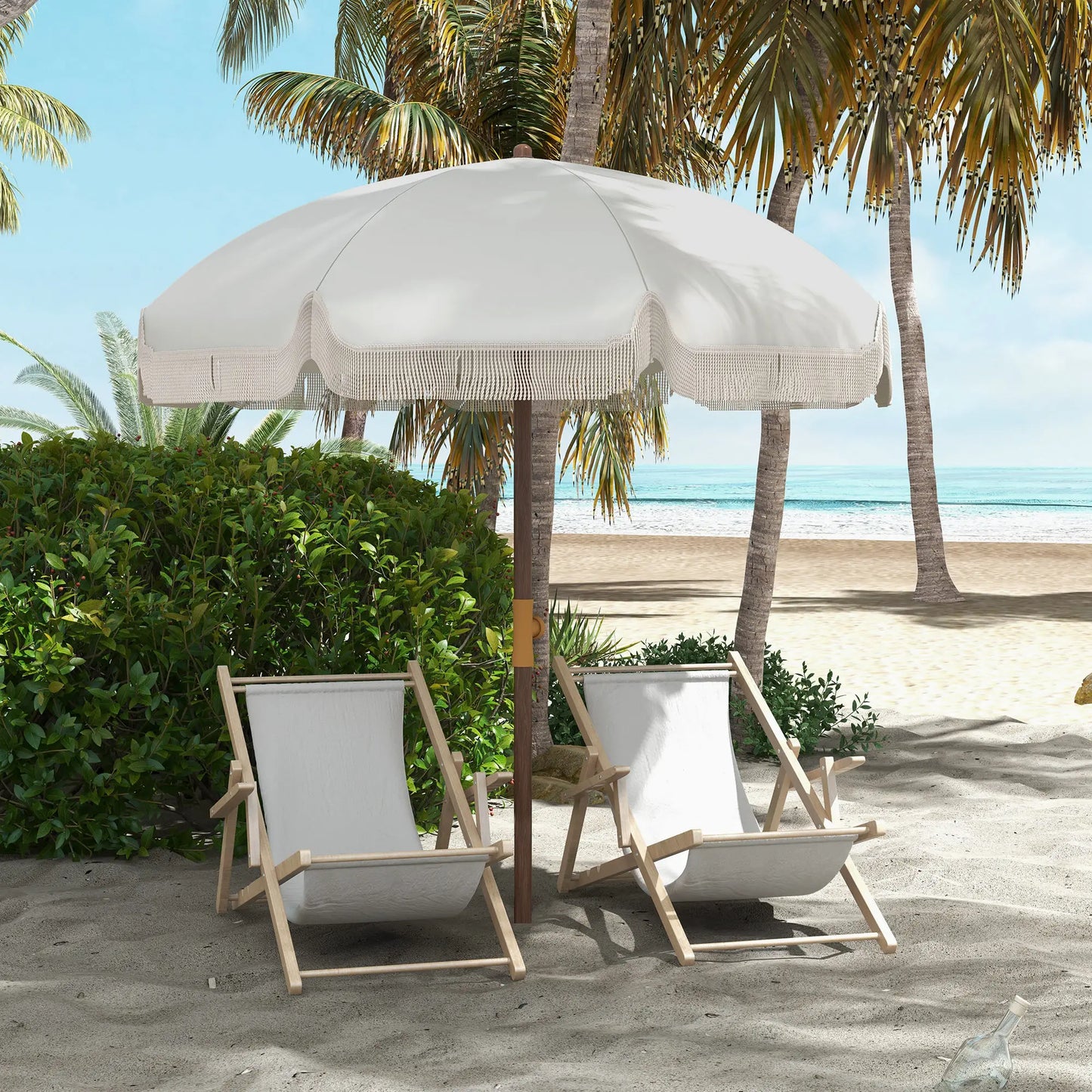 6.2' Travel Beach Umbrella, Vent, Ruffles, Carry Bag, Cream White