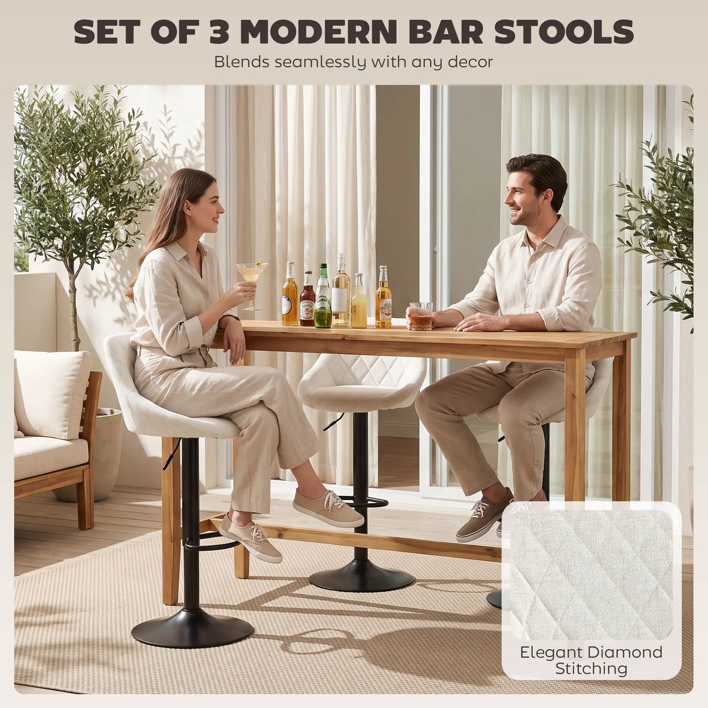 Tabourets de bar pivotants hauteur comptoir Lot de 3, Blanc cassé