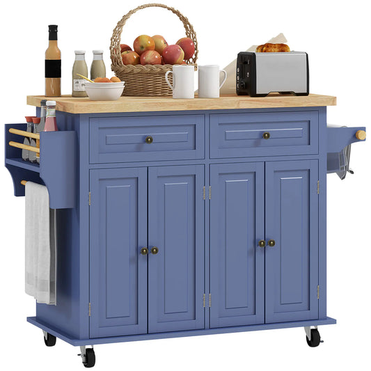 Kitchen Island with Storage, Rolling Cart, Rubber Wood Top, Navy Blue Kitchen Islands & Kitchen Carts Navy Blue at Gallery Canada