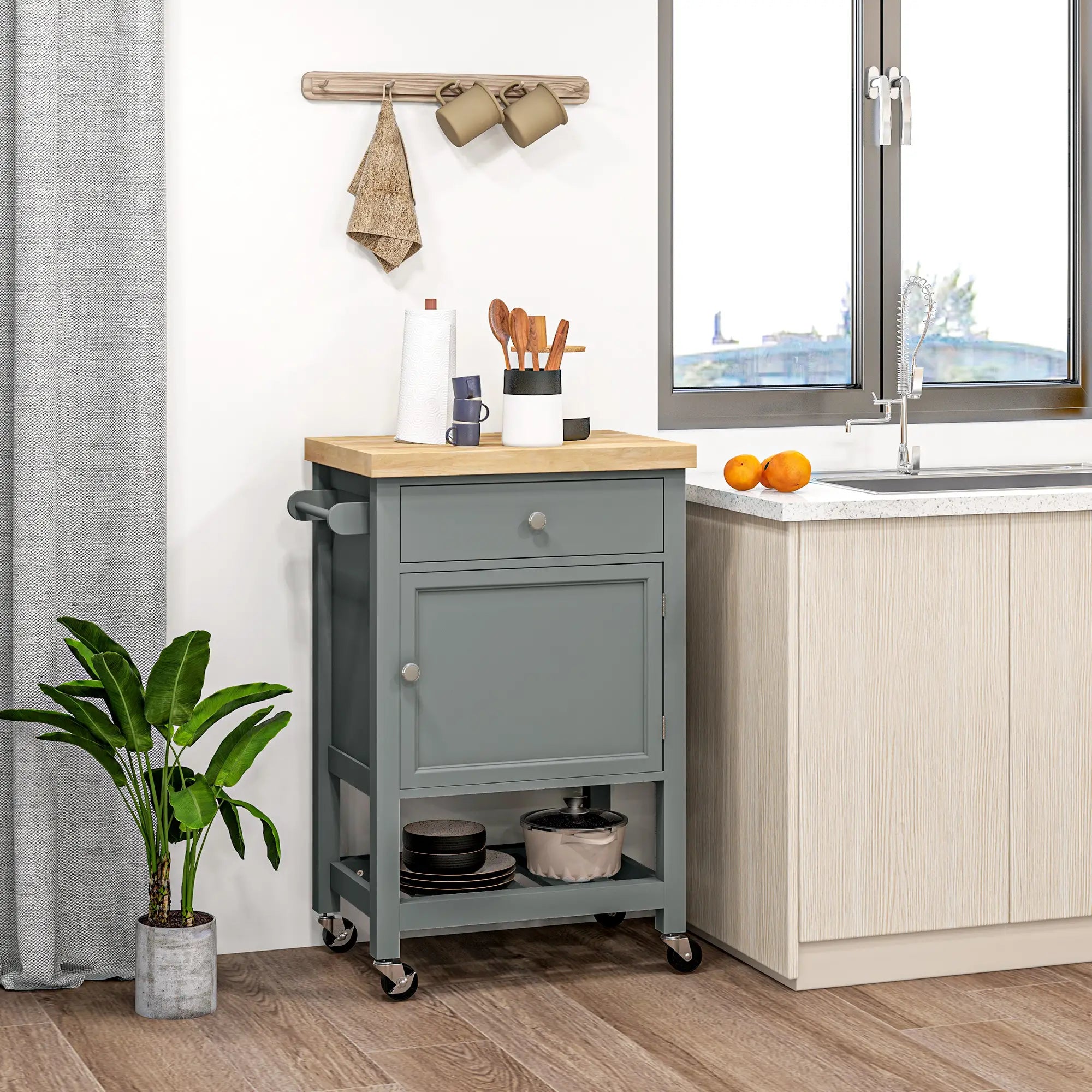 Kitchen Cart on Wheels, Wood Top, Towel Rack, Drawer, Shelf, Grey Kitchen Islands & Kitchen Carts at Gallery Canada