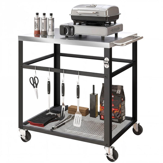 Outdoor Grill Cart, Stainless Steel Tabletop, 2-Tier Prep Station, Black Outdoor Grill Carts Black at Gallery Canada