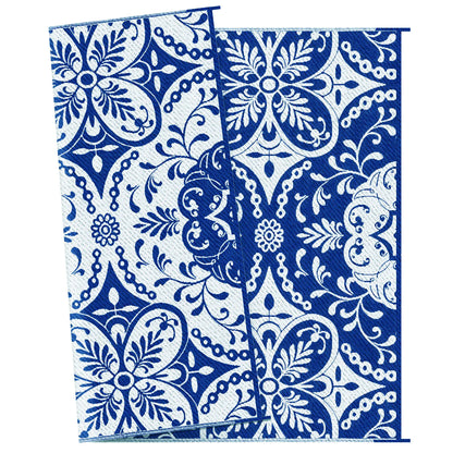 Portable Outdoor Rug, 9' x 12', White Flower, Waterproof, Reversible, Blue Outdoor Reversible Rugs at Gallery Canada