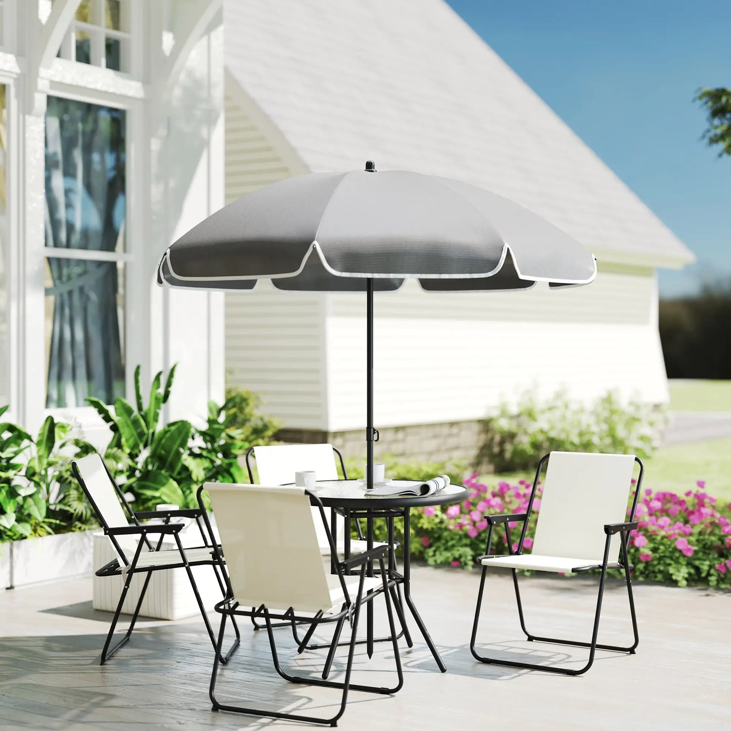 6 Piece Patio Dining Set, Glass Table, Folding Chairs, Cream White Outdoor Dining Sets at Gallery Canada