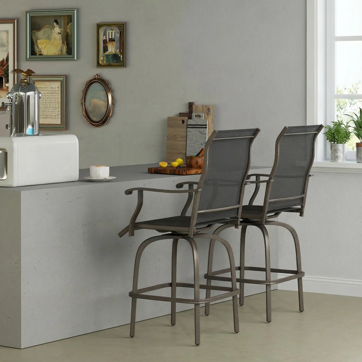 Outdoor Bar Stools Set of 2, Swivel High Back Chairs, Black Bar Stools at Gallery Canada
