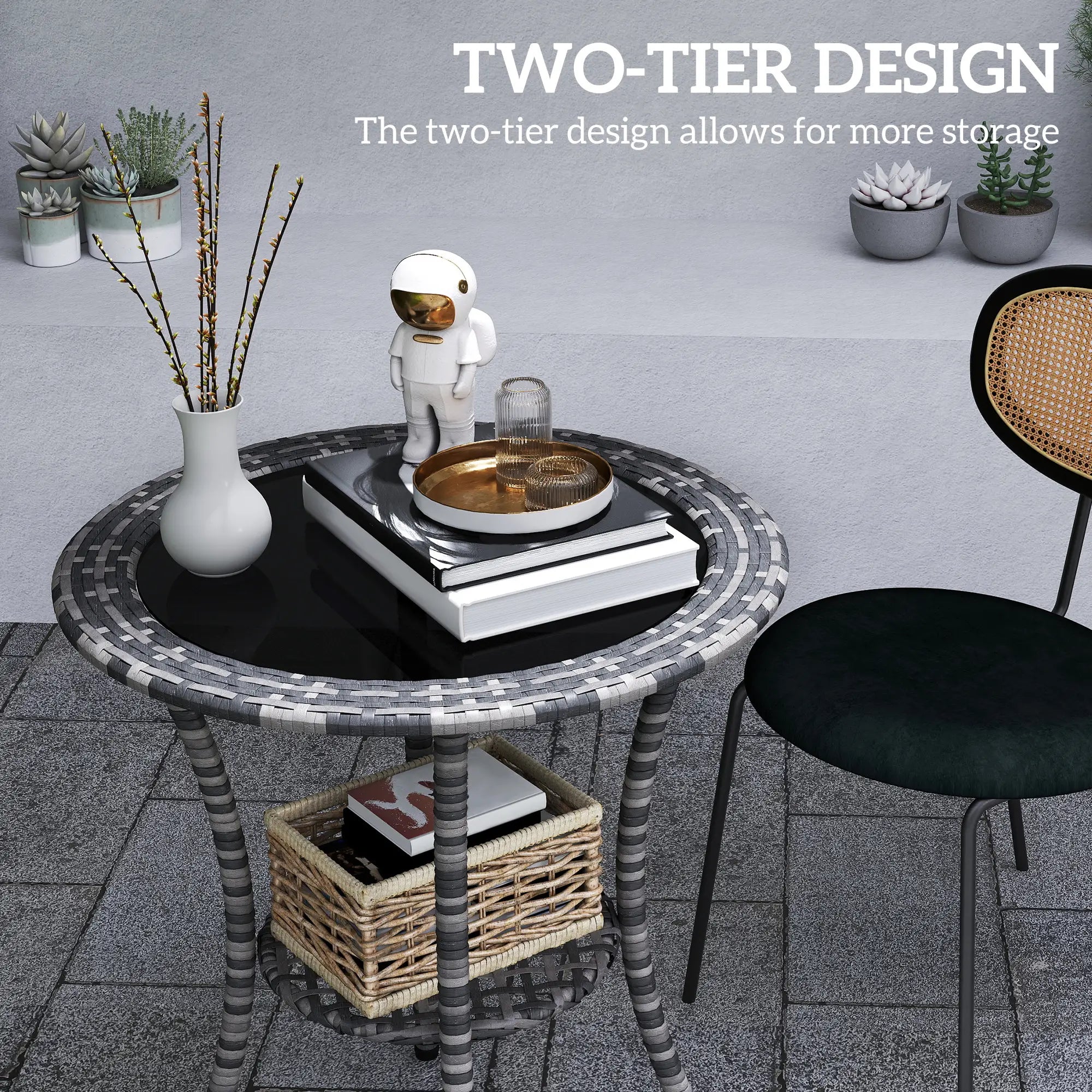 Outdoor Rattan Dining Table, Round Wicker Coffee Table, 2-Tier Shelf, Mixed Grey Patio Dinning Tables at Gallery Canada