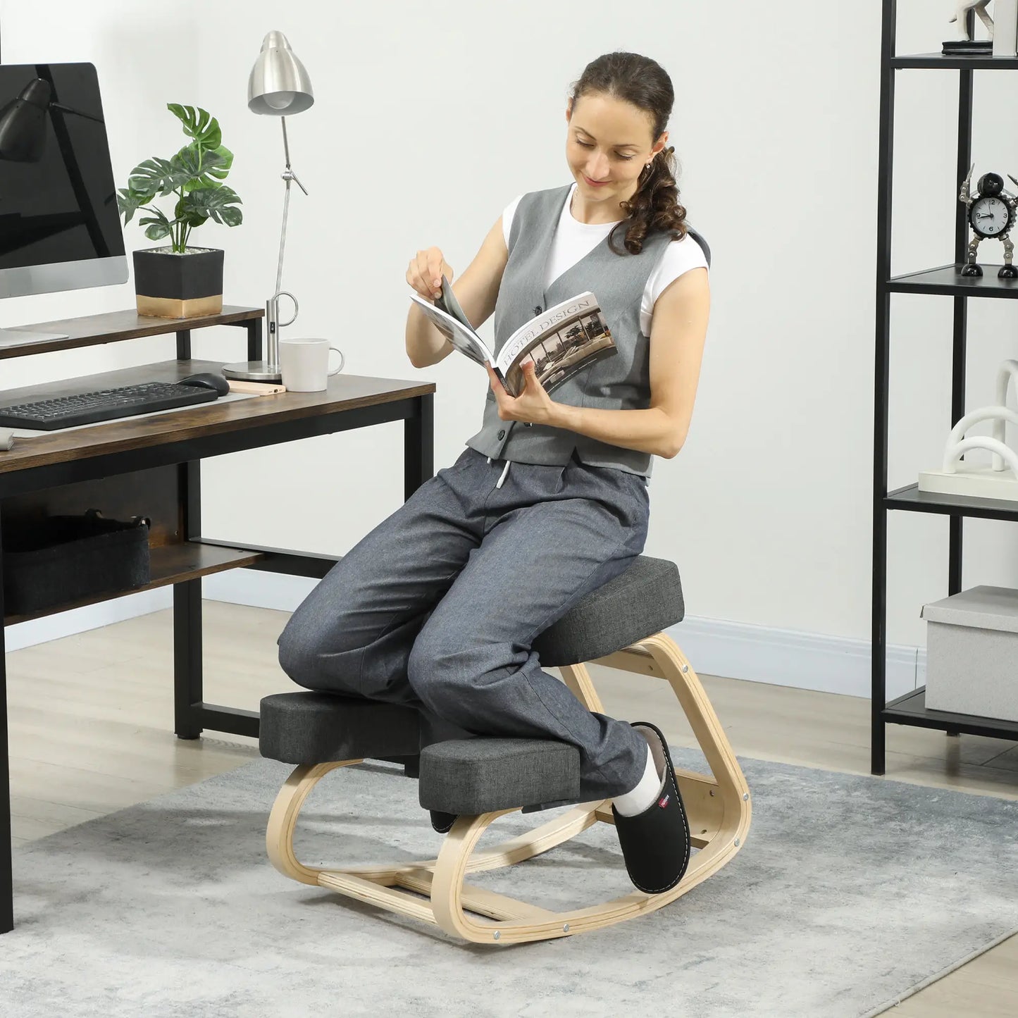 Ergonomic Kneeling Chair, Wood Kneel Stool, Thick Pads, Dark Grey Office Chairs at Gallery Canada
