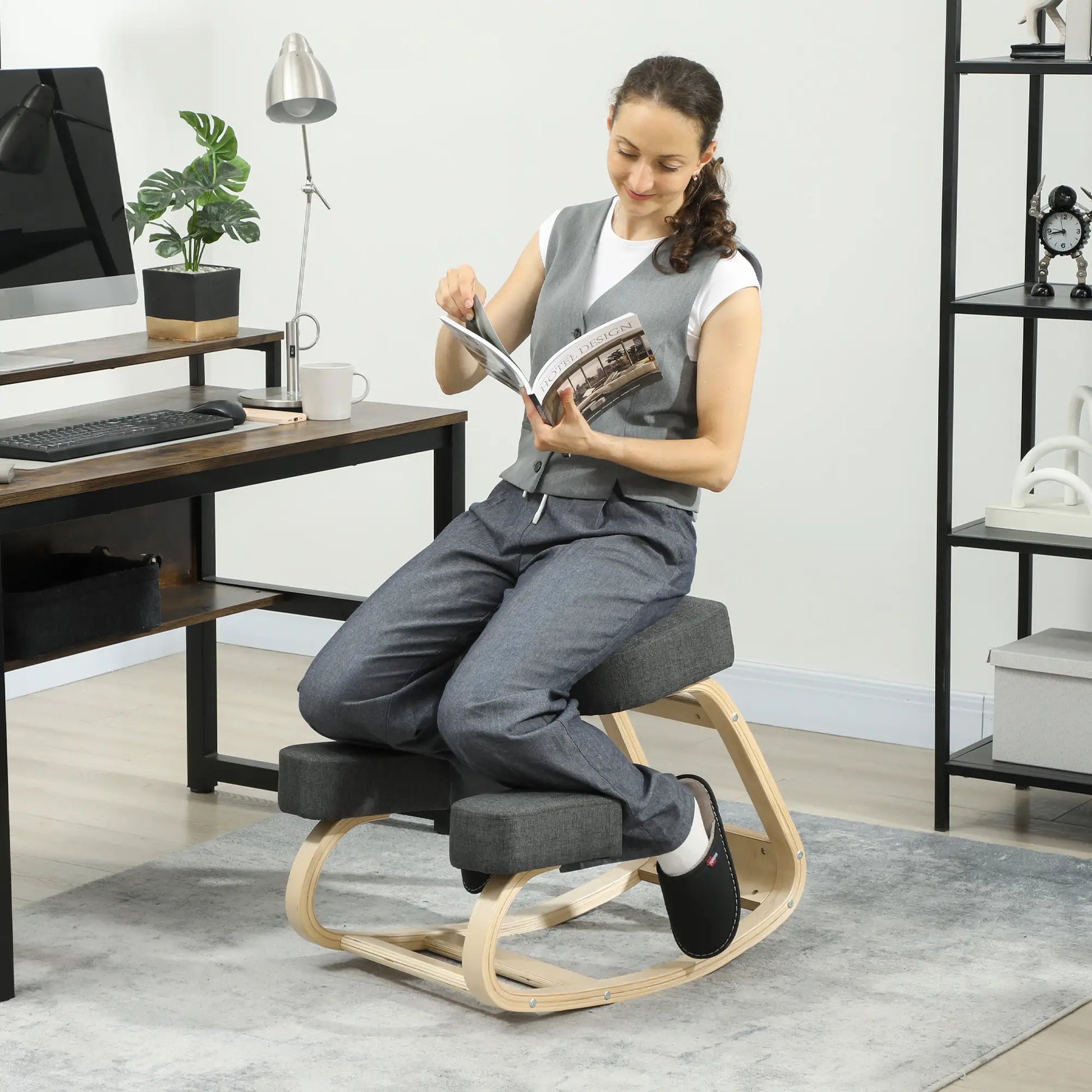 Ergonomic Kneeling Chair, Wood Kneel Stool, Thick Pads, Dark Grey Office Chairs at Gallery Canada