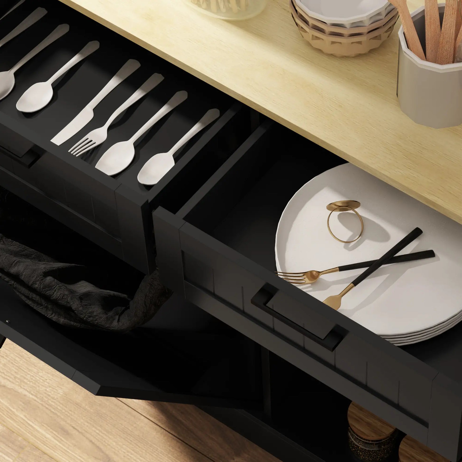 Hidden Garbage Bin Cabinet, Tilt Out Trash, 2 Drawers, Freestanding, Black Bar Cabinets at Gallery Canada