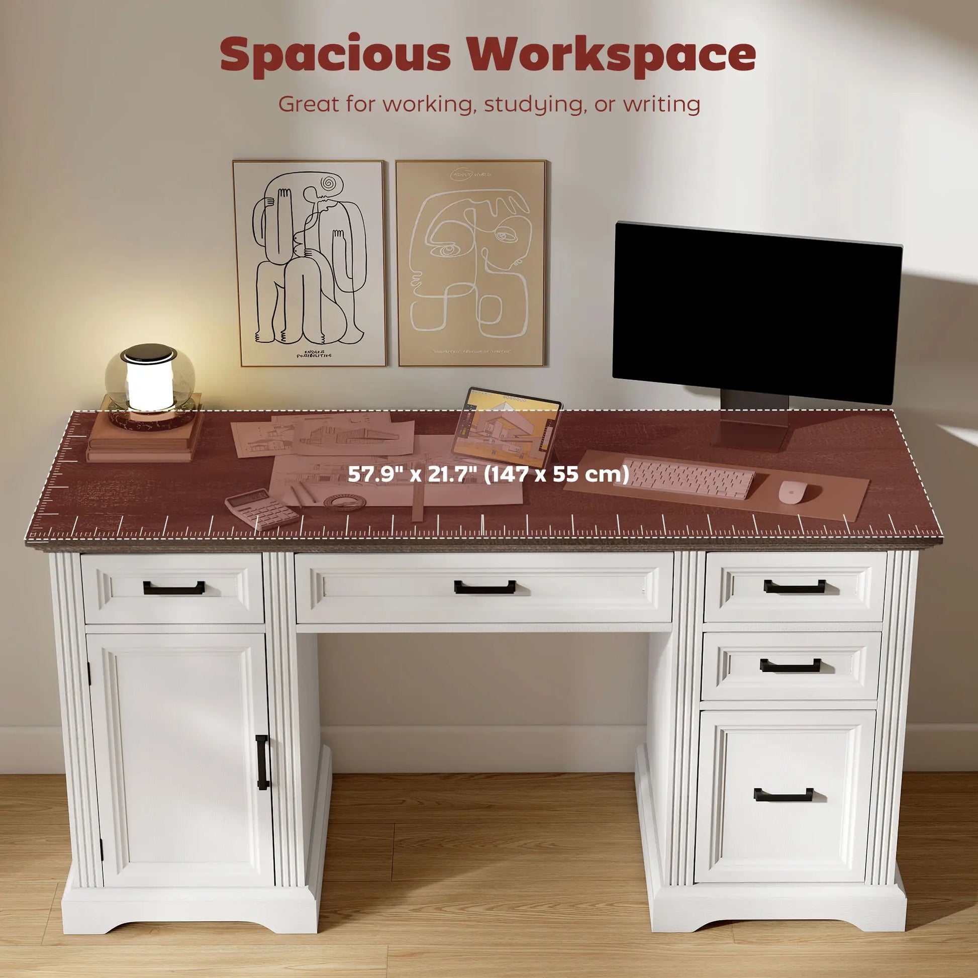 58 Inch Home Office Desk, Farmhouse Executive Desk with Drawers, White Computer Desks at Gallery Canada