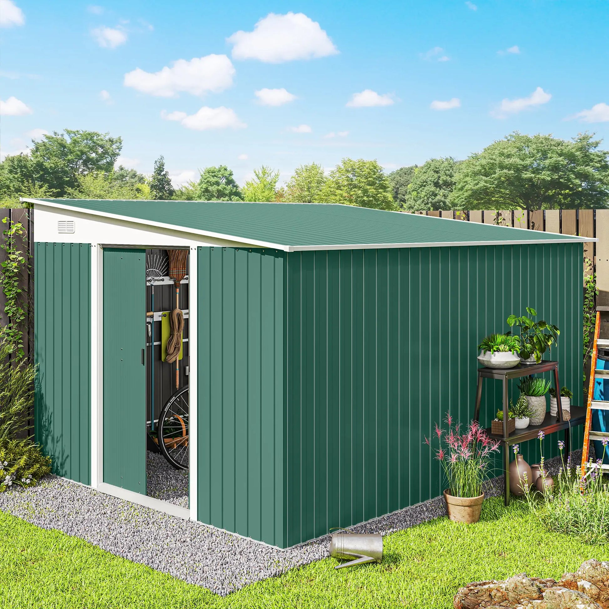 11' x 9' Steel Garden Storage Shed, Outdoor Metal Tool House, Green Sheds at Gallery Canada