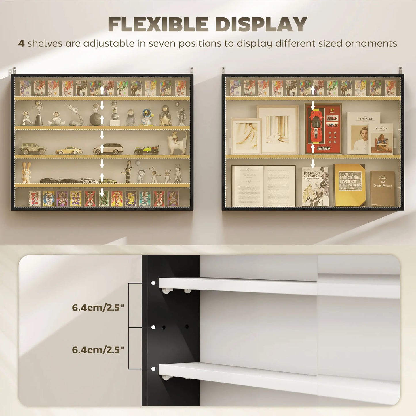 5-Tier Glass Display Cabinet, 2 Doors, 4 Adjustable Shelves, Black Display Bookshelves at Gallery Canada