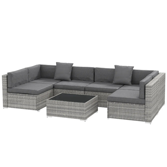 7pc Garden Wicker Sectional Set, Tea Table, Patio Rattan Sofa, Grey
