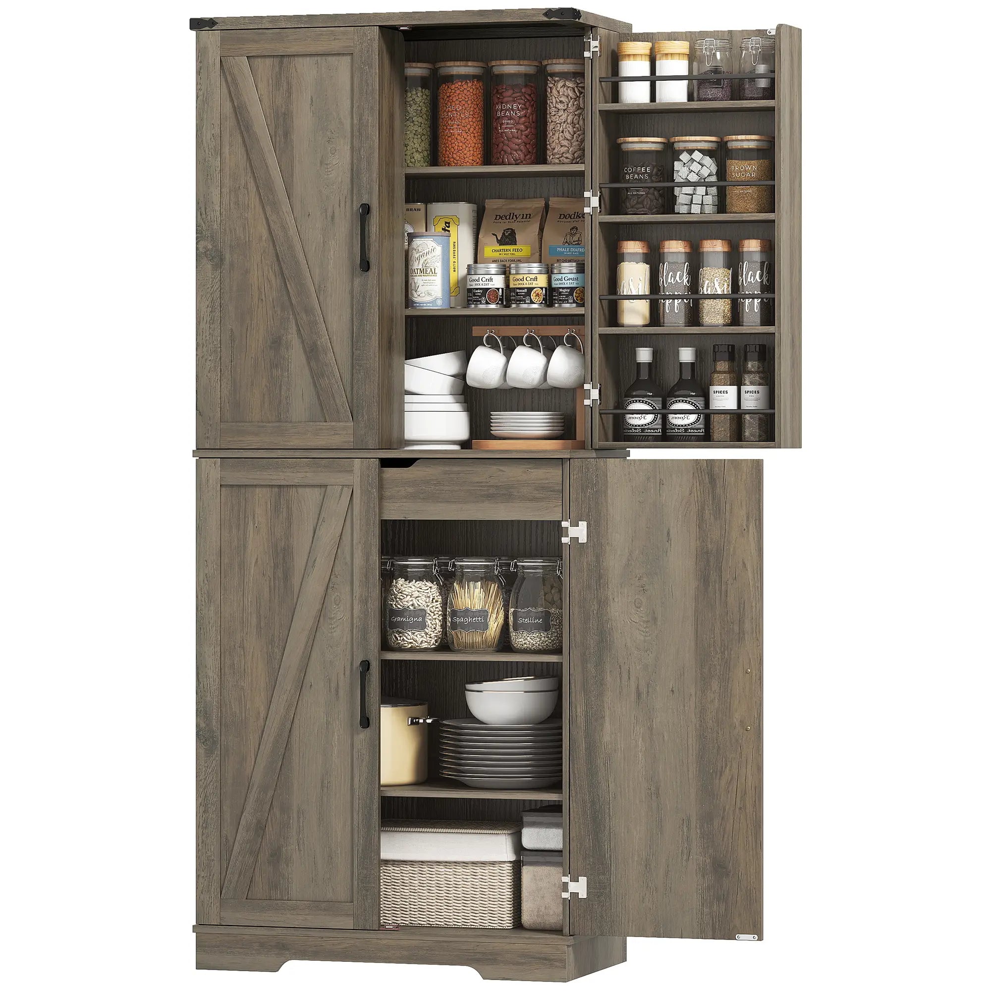 72 Inch Kitchen Pantry Cabinet, Farmhouse Storage with 4 Doors, Drawer, Grey Kitchen Pantry Cabinets Light Ivory Grey at Gallery Canada