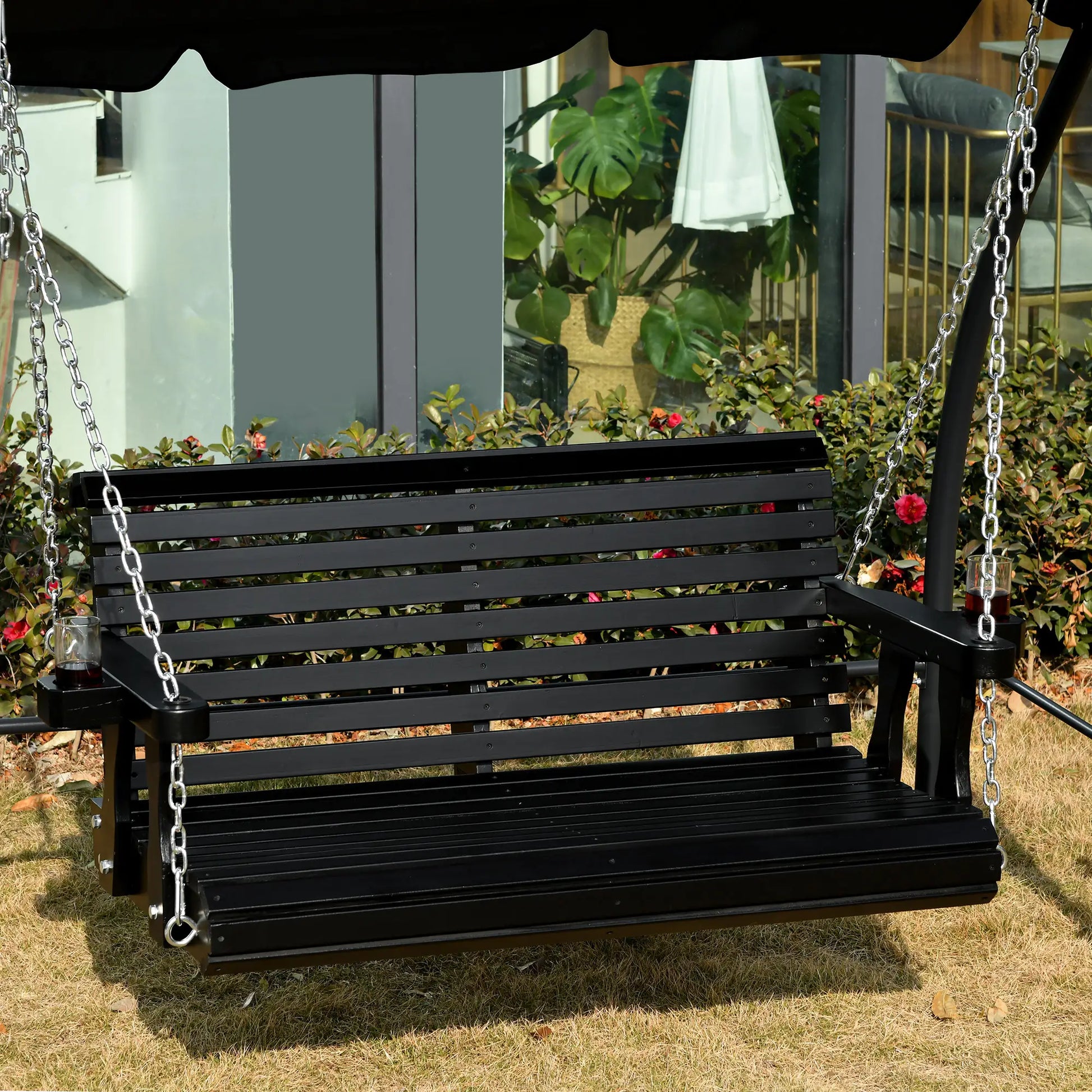 2 Seater Wooden Porch Swing, Outdoor Garden Bench, Black Hanging Porch Swings at Gallery Canada