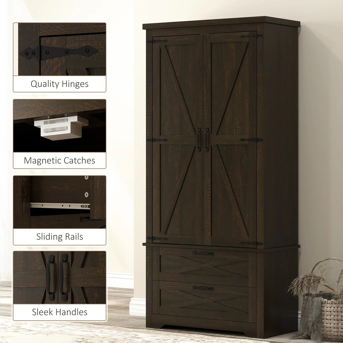 Farmhouse Kitchen Pantry Cabinet, 64", Distressed Dark Brown Kitchen Pantry Cabinets at Gallery Canada