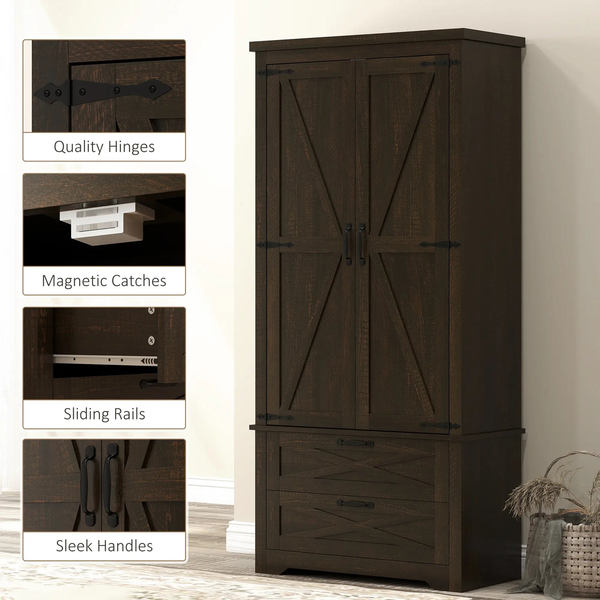 Farmhouse Kitchen Pantry Cabinet, 64", Distressed Dark Brown Kitchen Pantry Cabinets at Gallery Canada