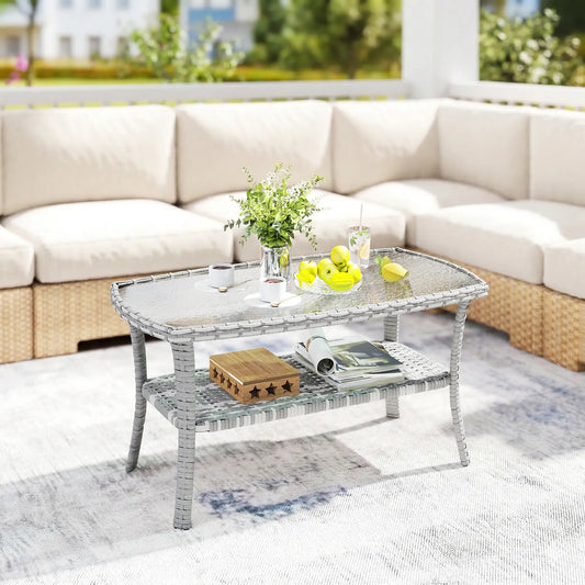 Outdoor Coffee Table With Storage, PE Wicker With Glass Top, Dark Grey Patio Side Tables Dark Grey, Clear at Gallery Canada