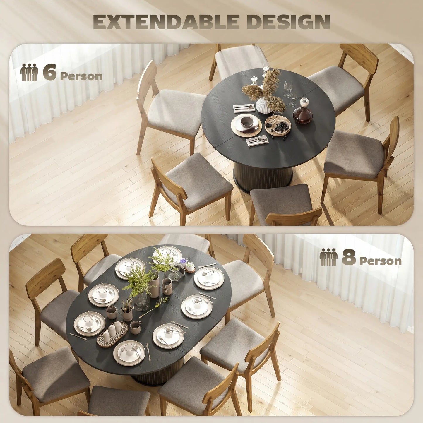Extendable Kitchen Table, 43.5"-59", Black Wood Grain, Pedestal Base, Black Dining Tables at Gallery Canada