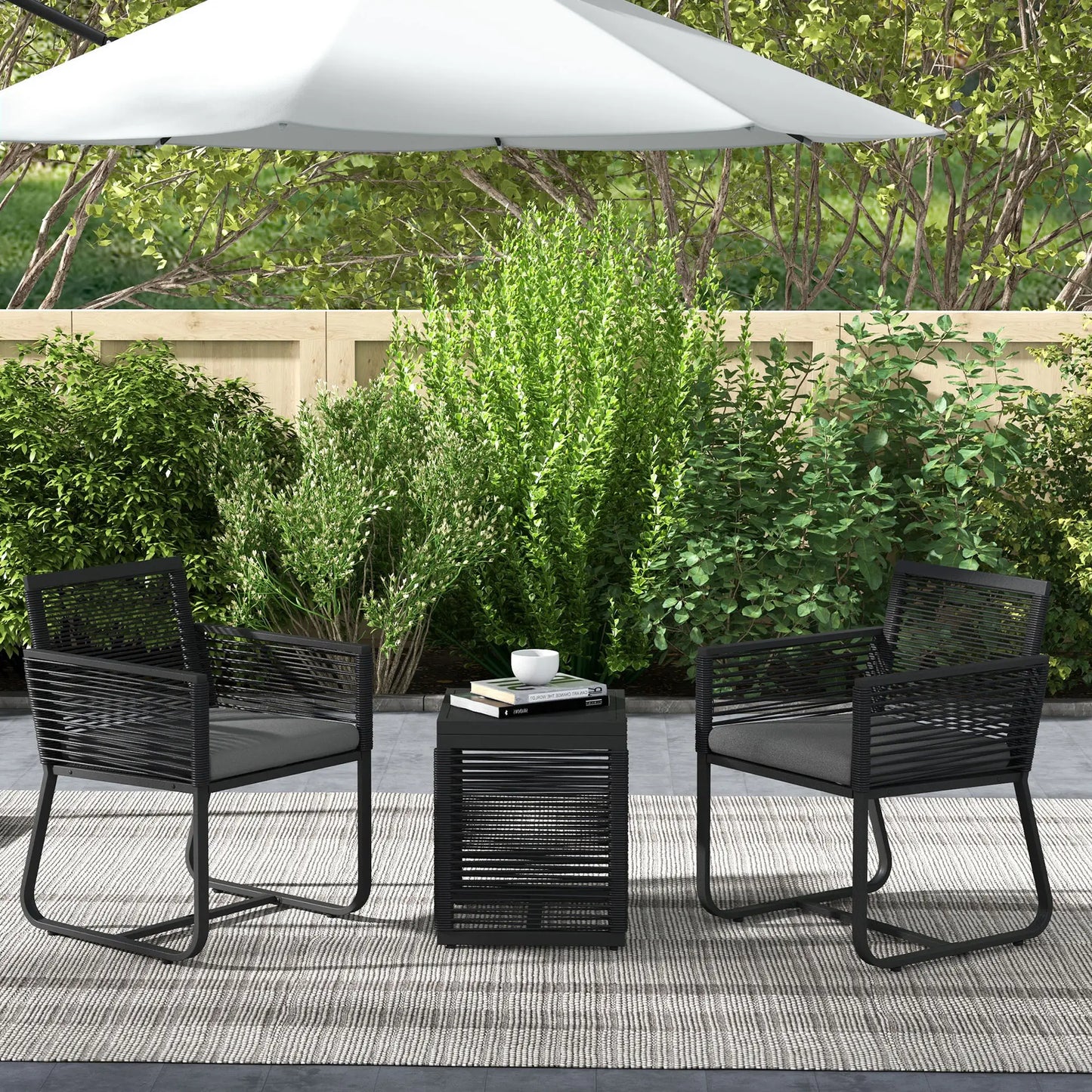 3-Piece PE Rattan Bistro Set, Seat Cushions, Tempered Glass Table, Black Bistro Sets at Gallery Canada