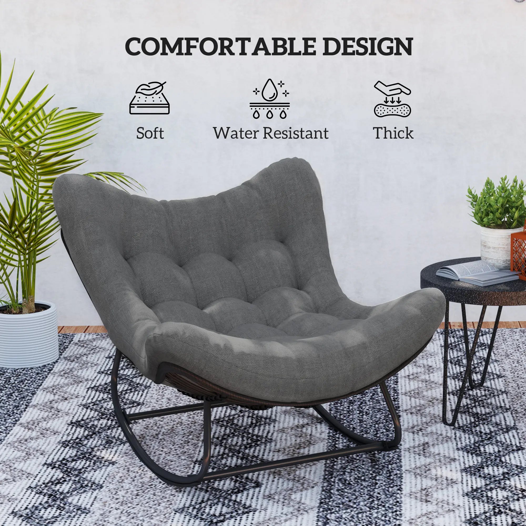 Oversized Patio Egg Rocking Chair, Padded Cushion, Rattan Wicker, Dark Grey Outdoor Rocking Chairs at Gallery Canada