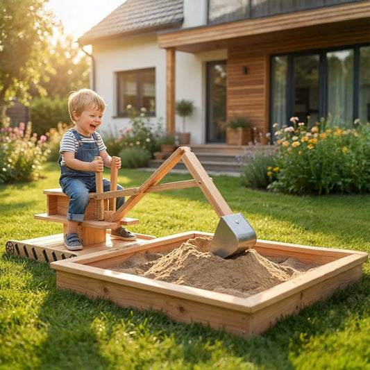 Wooden Sandbox With Digger, 72" X 35" X 22", 360° Rotating Seat Sandboxes & Accessories Natural at Gallery Canada