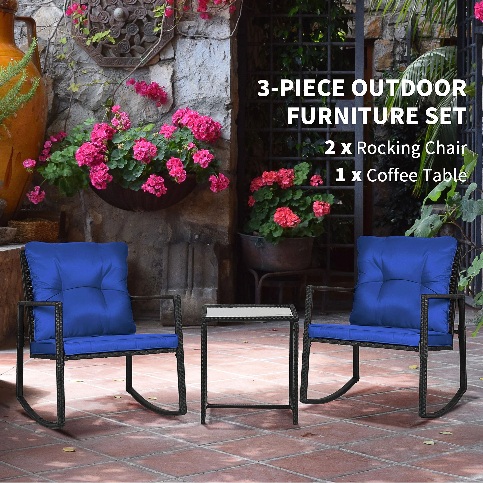 3-Piece Rocking Bistro Set, Outdoor Wicker Patio Furniture, Blue Outdoor Rocking Chairs at Gallery Canada