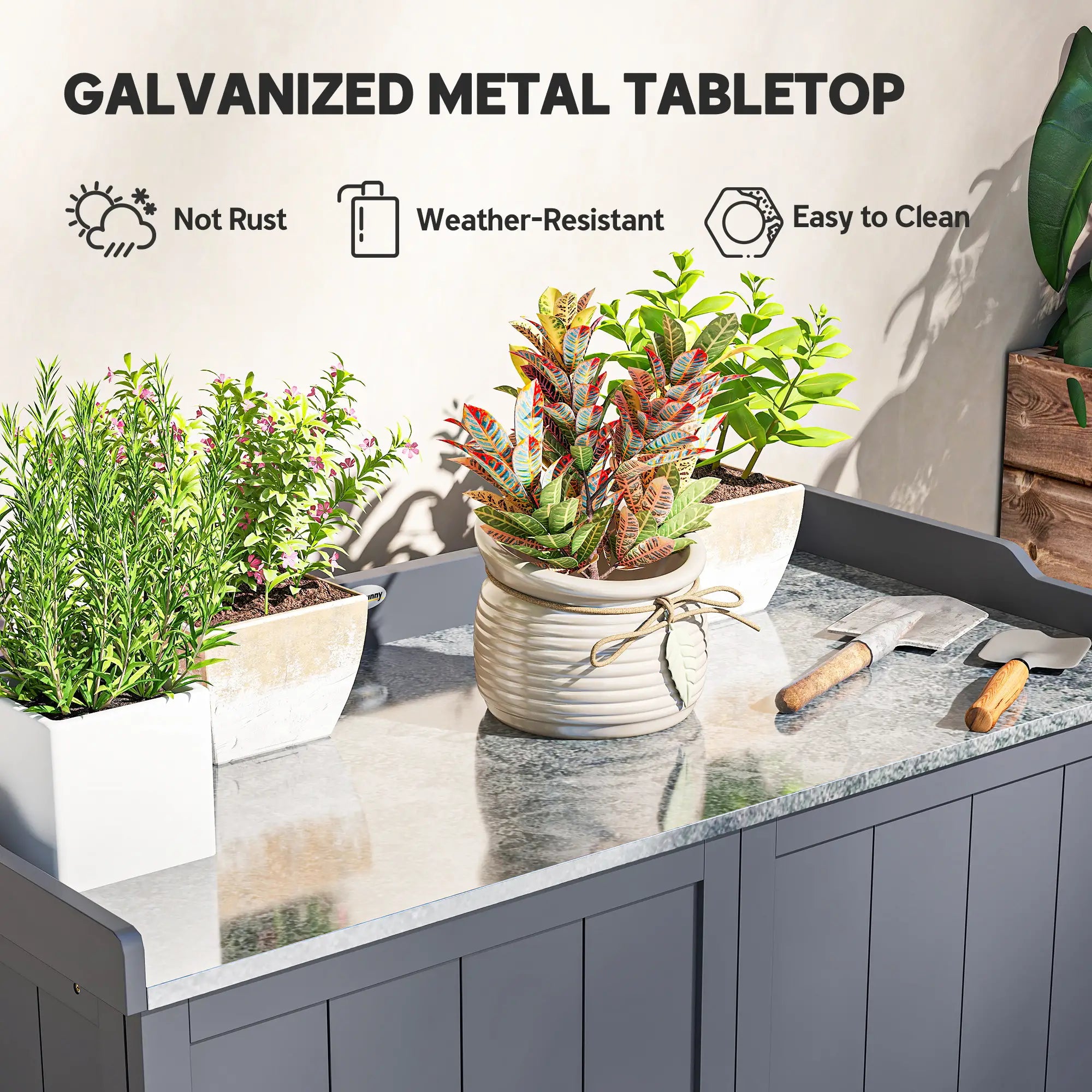 Outdoor Garden Storage Cabinet, Potting Bench with Galvanized Top, Grey Sheds at Gallery Canada