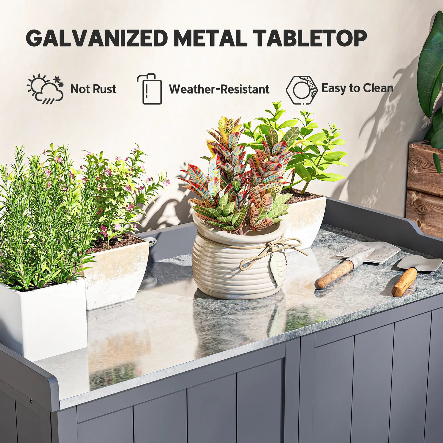 Outdoor Garden Storage Cabinet, Potting Bench with Galvanized Top, Grey Sheds at Gallery Canada