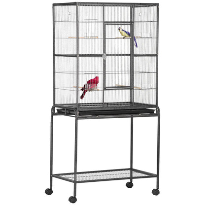 30'' Large Rolling Metal Bird Cage, Detachable Stand, Storage Shelf, Black Bird Cages Black, Gray at Gallery Canada