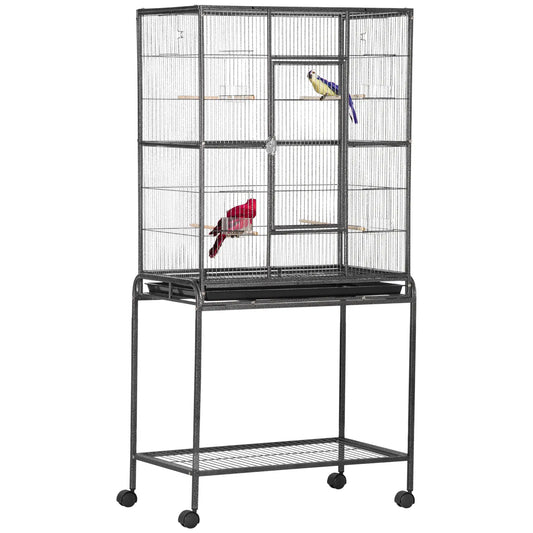 30'' Large Rolling Metal Bird Cage, Detachable Stand, Storage Shelf, Black Bird Cages Black, Gray at Gallery Canada