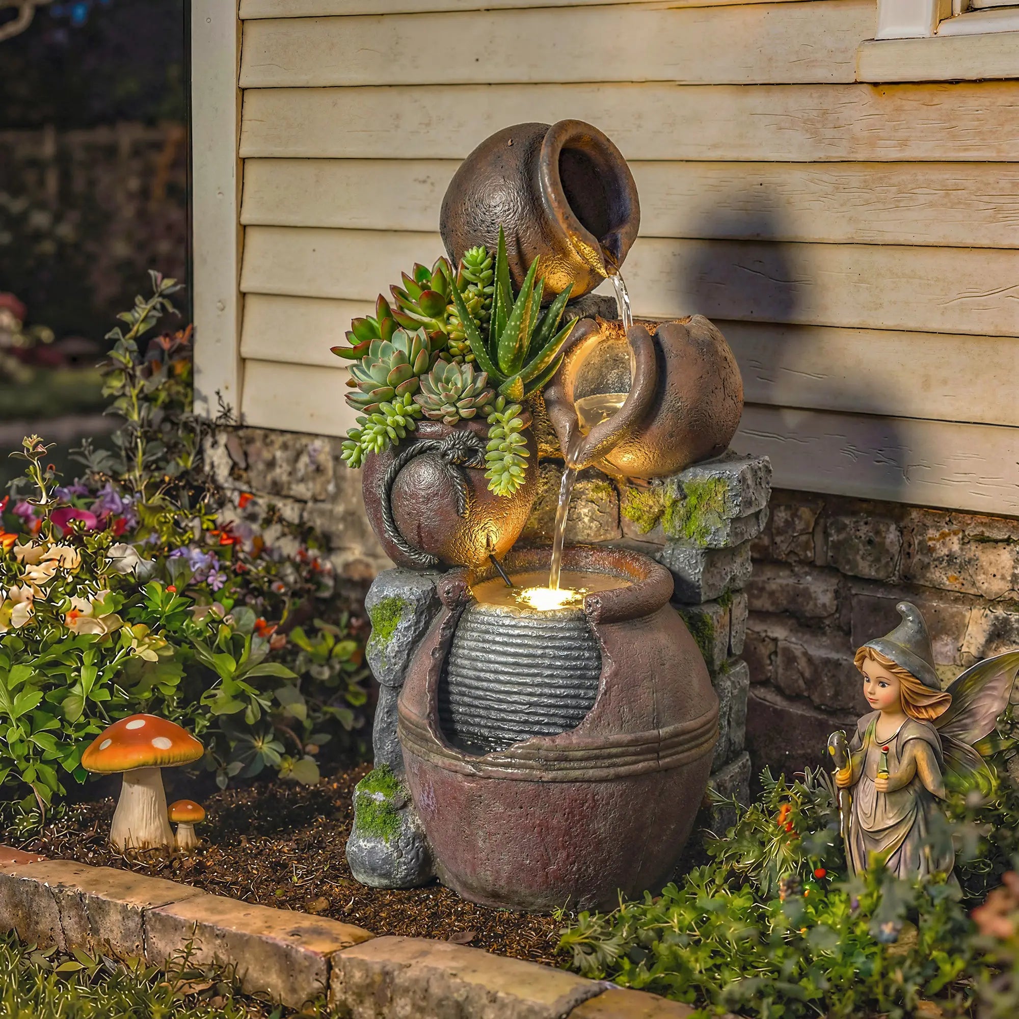 Outdoor Fountain, 4-Tier Rustic Pot, Cascading Rock Waterfall, LED Lights, Adjustable Flow Water Fountains at Gallery Canada