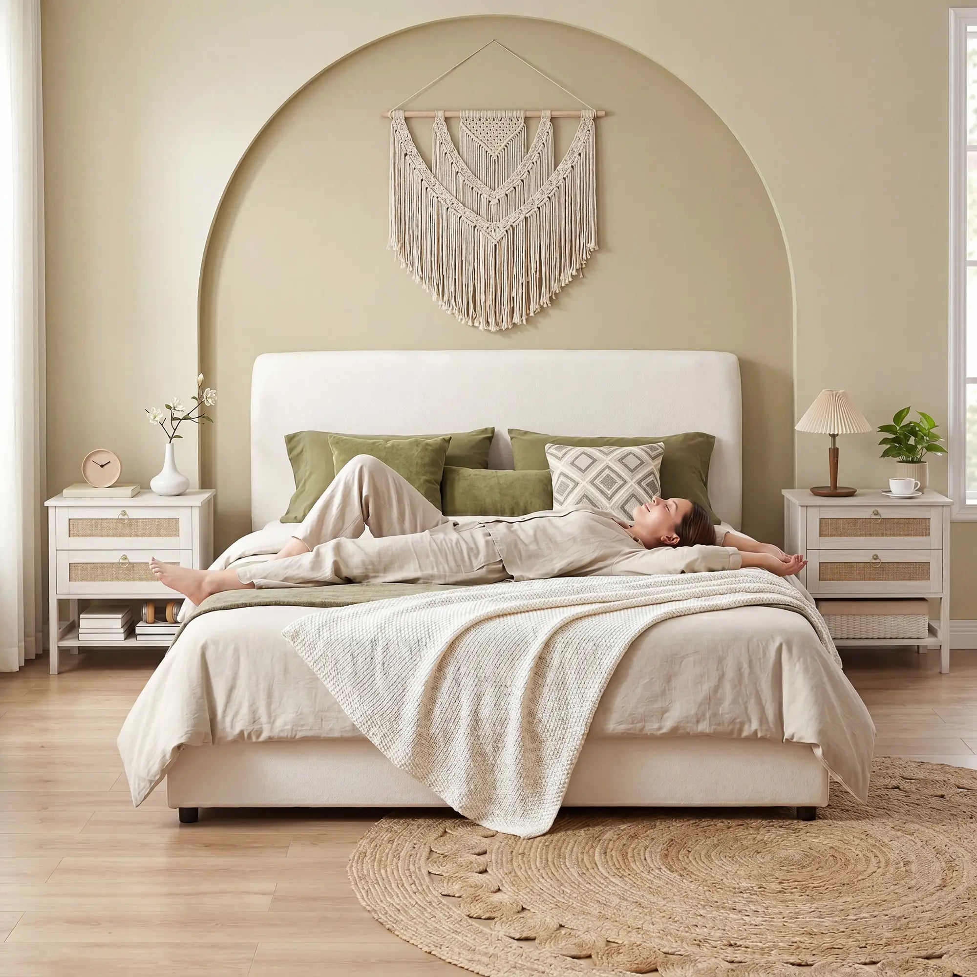 Set Of 2 Rattan Nightstands, 2 Drawers, Storage Shelf, White Oak Bedside Tables at Gallery Canada