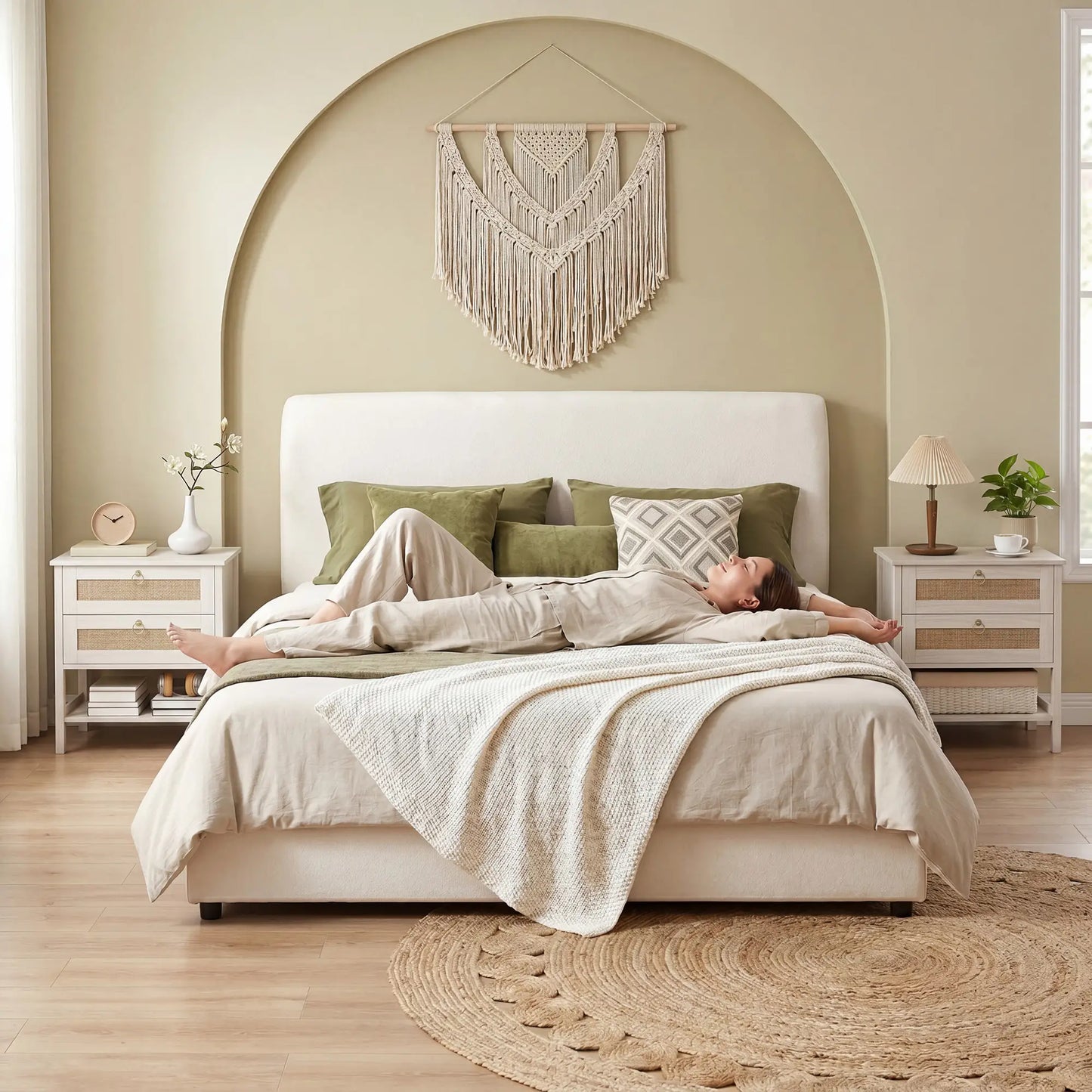 Set Of 2 Rattan Nightstands, 2 Drawers, Storage Shelf, White Oak Bedside Tables at Gallery Canada