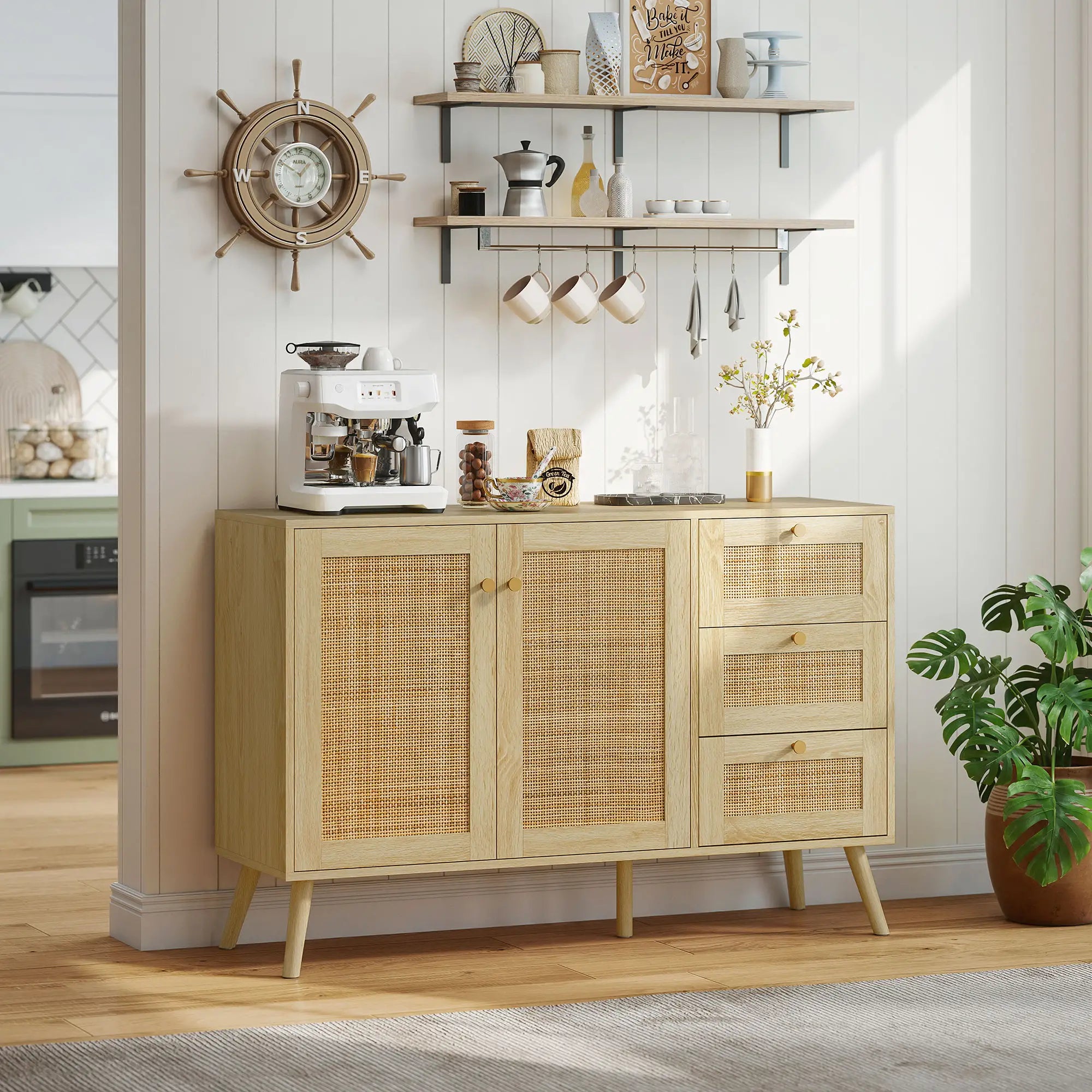 47 Inch Buffet Cabinet, Rattan Sideboard with Drawers, Natural Bar Cabinets at Gallery Canada