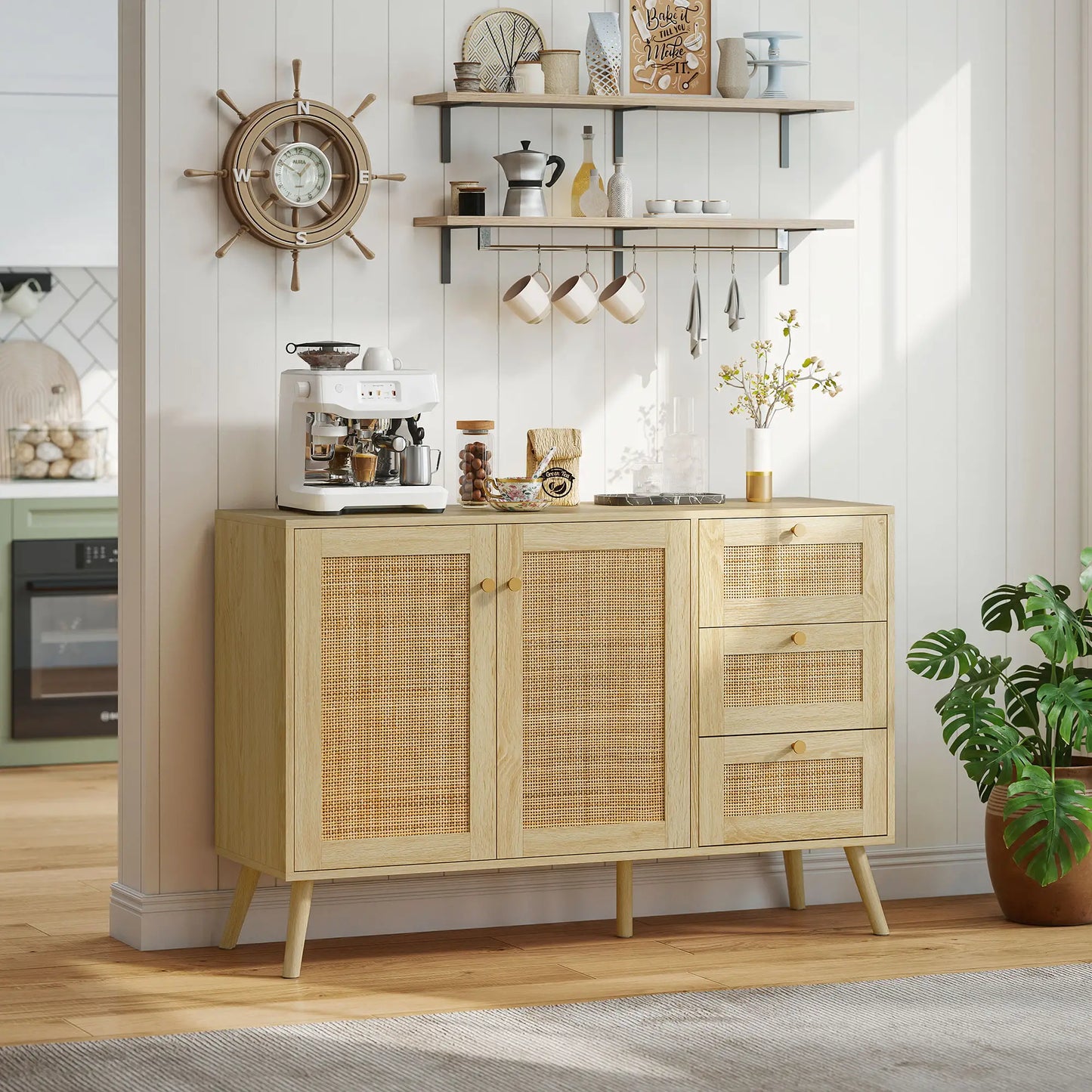 47 Inch Buffet Cabinet, Rattan Sideboard with Drawers, Natural Bar Cabinets at Gallery Canada