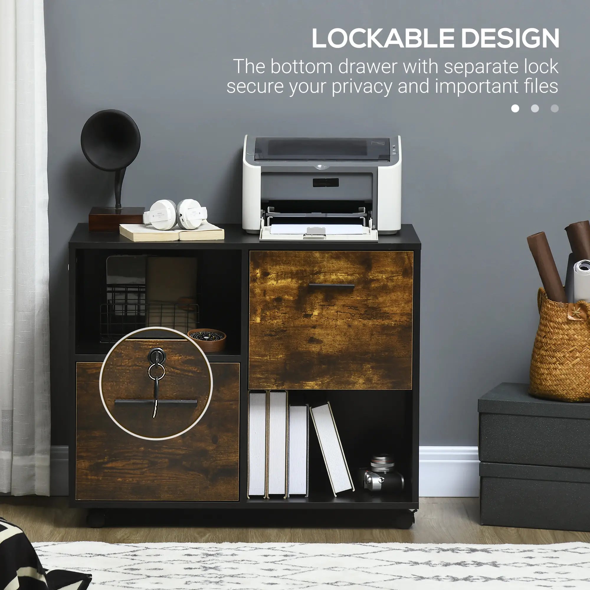 Lateral Filing Cabinet with Drawers, Lock, Wheels, Rustic Brown Office Cabinets & Cupboards at Gallery Canada