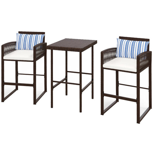 3-Piece Wicker Bar Set, Patio Table with Cushions, 25.2