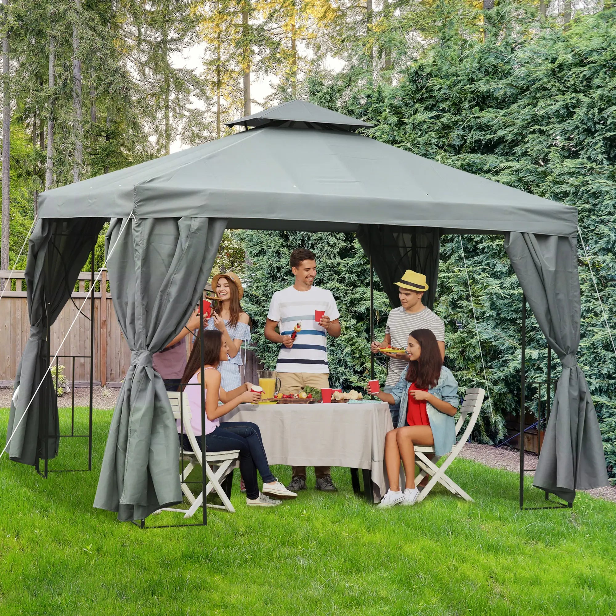 10' x 10' Patio Gazebo, Canopy Shelter with Double-Tier Roof, Dark Grey Gazebos at Gallery Canada