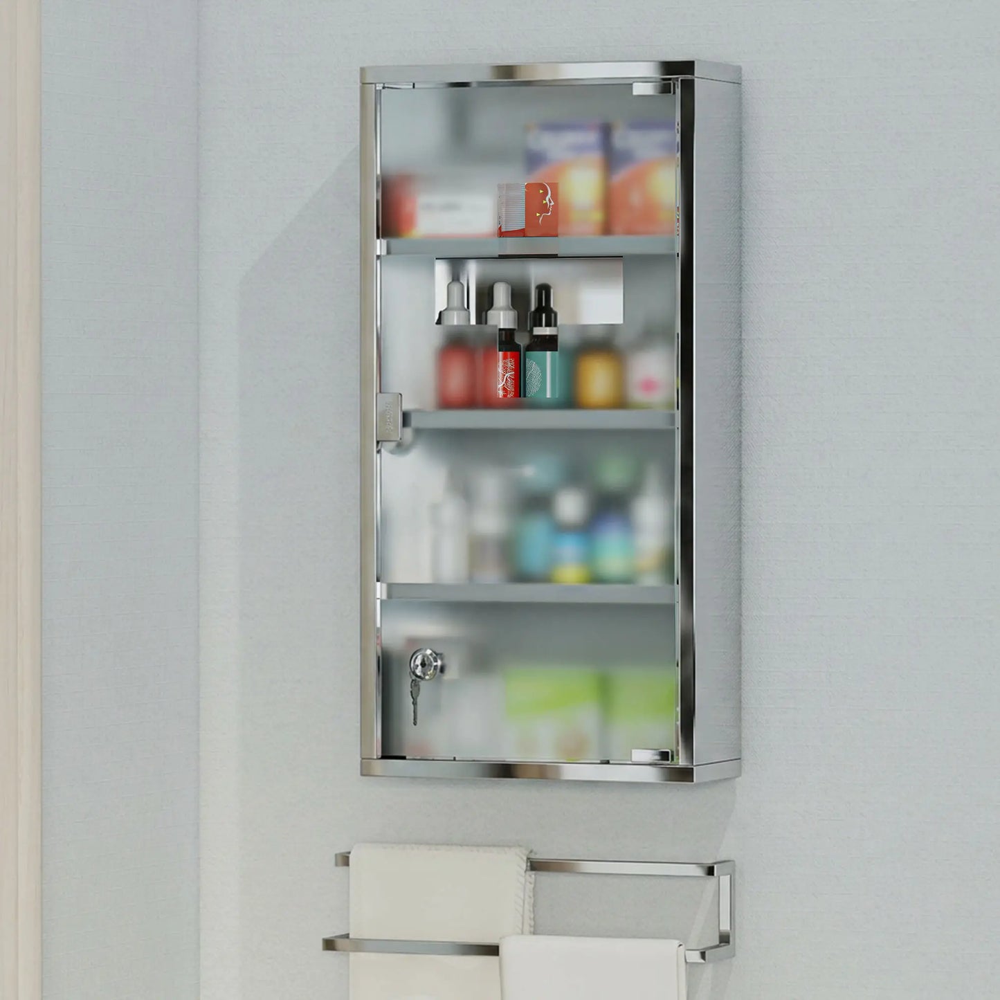 Wall Mount Medicine Cabinet, 4 Tier Shelves, Stainless Steel Frame, Glass Door, Lockable, 12" x 23.5", Silver Mirror Medicine Cabinets at Gallery Canada