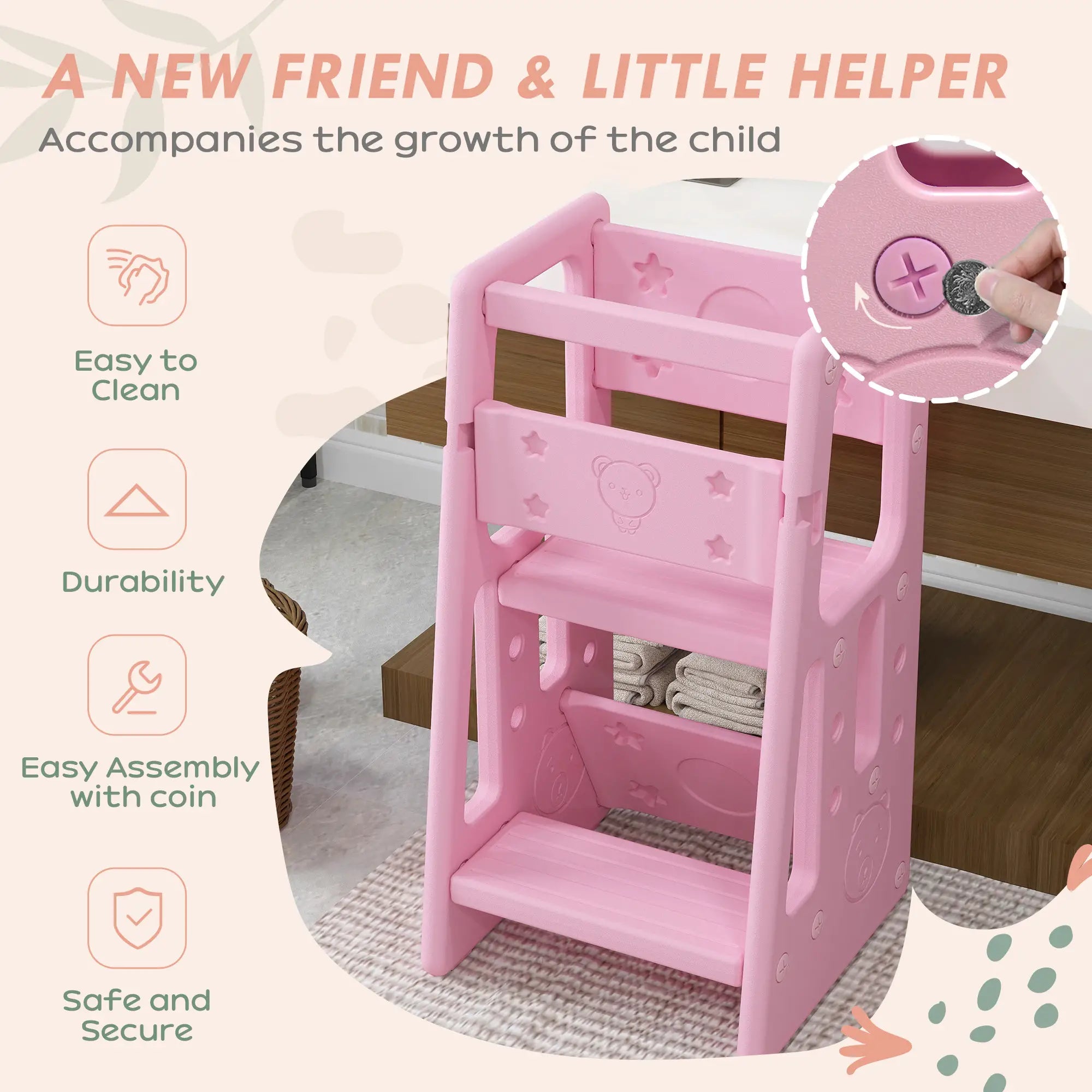 Toddler Kitchen Helper 2 Step Stool, Adjustable Height, Safety Rail, Pink Toddler & Kids Step Stools at Gallery Canada