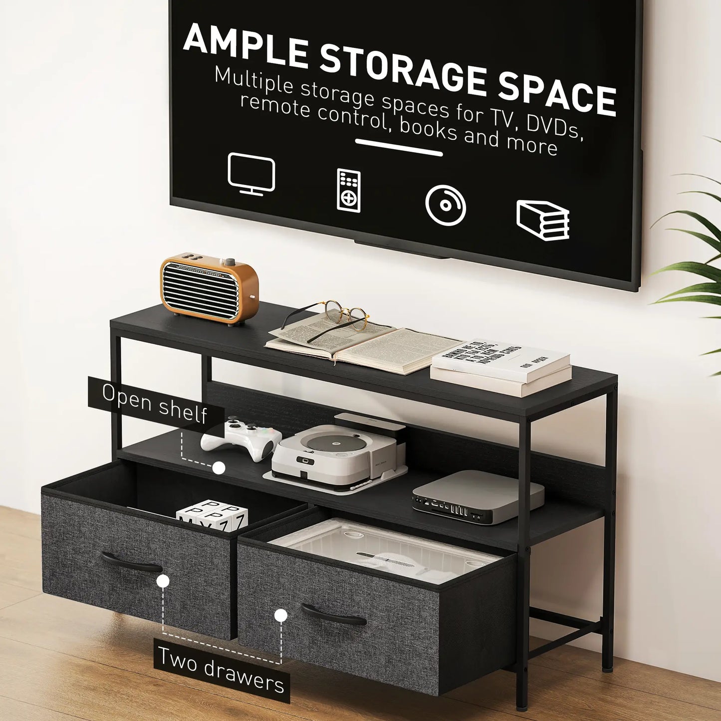 TV Stand with Charging Station, 2 Foldable Drawers, Open Shelf, 47 Inch, Black TV Stands at Gallery Canada