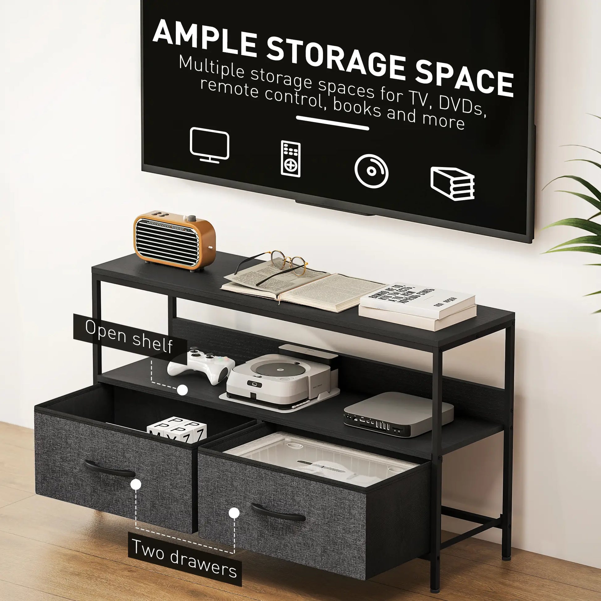 TV Stand with Charging Station, 2 Foldable Drawers, Open Shelf, 47 Inch, Black TV Stands at Gallery Canada